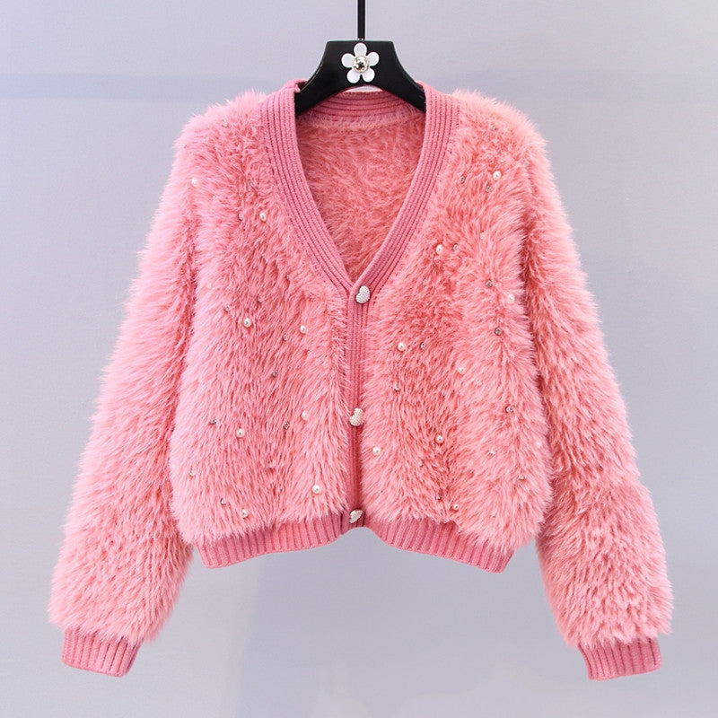 Chic Chanel Beaded Artificial Mink Fur Sweater Coat Women Loose Short V neck Knitted Cardigan