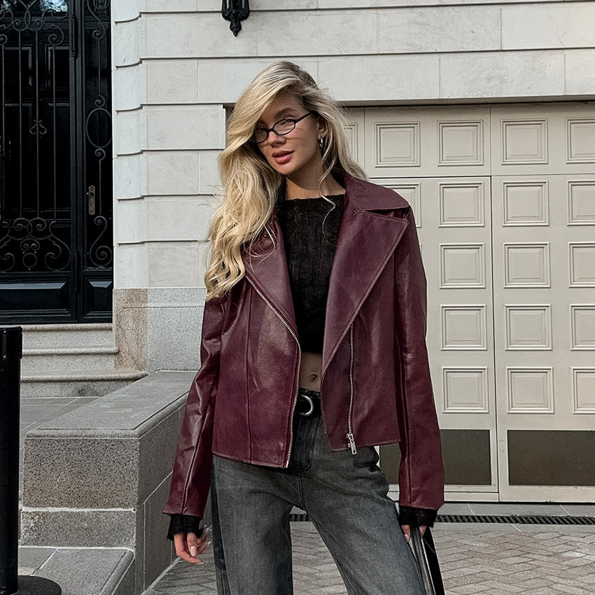 Fall Winter Commuting Elegant Wine Red Artificial Leather Collar Long Sleeve Loose Retro Leather Jacket Coat Women