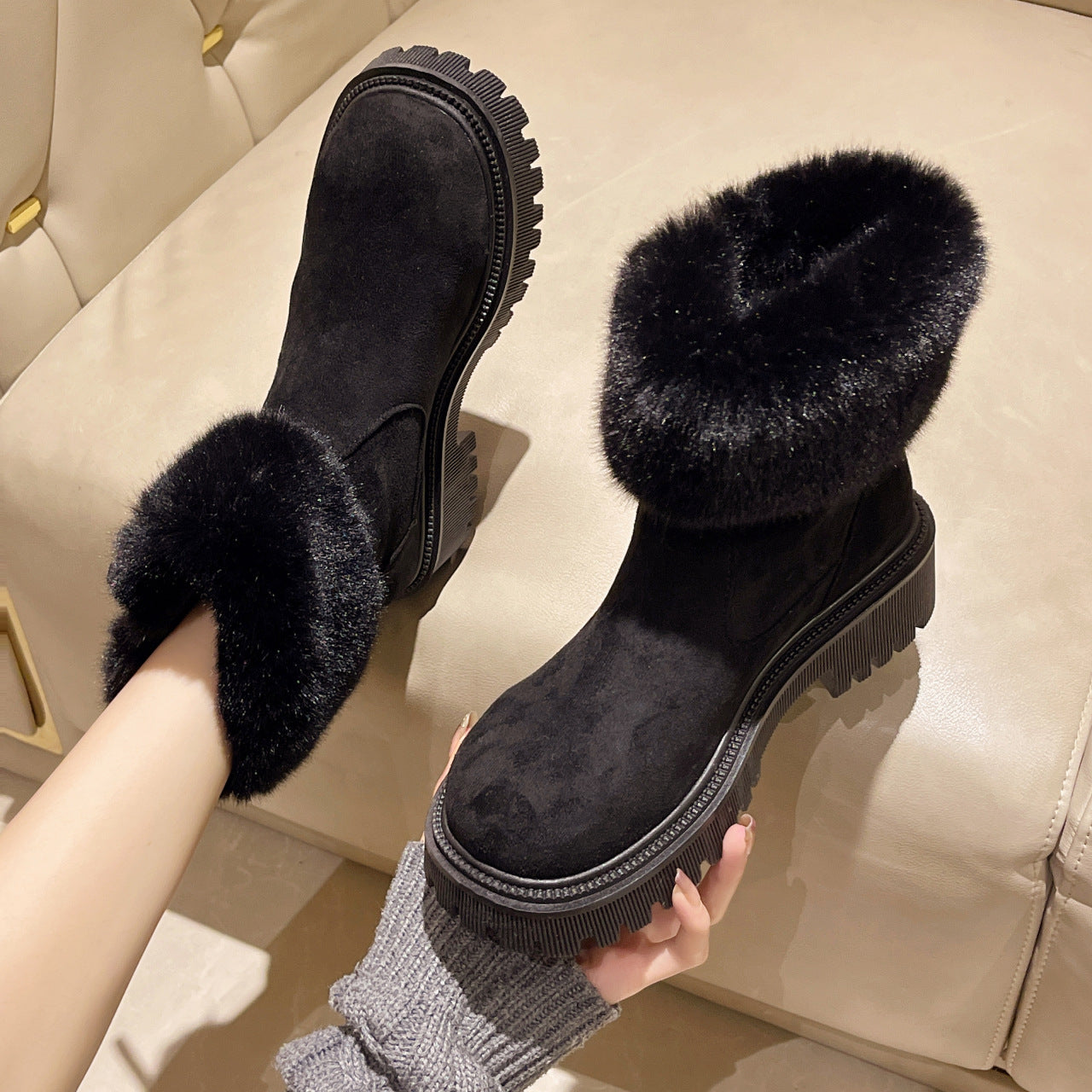 Furry Short Tube Platform Snow Boots Women round Toe Side Zipper Velvet Warm Cotton Shoes