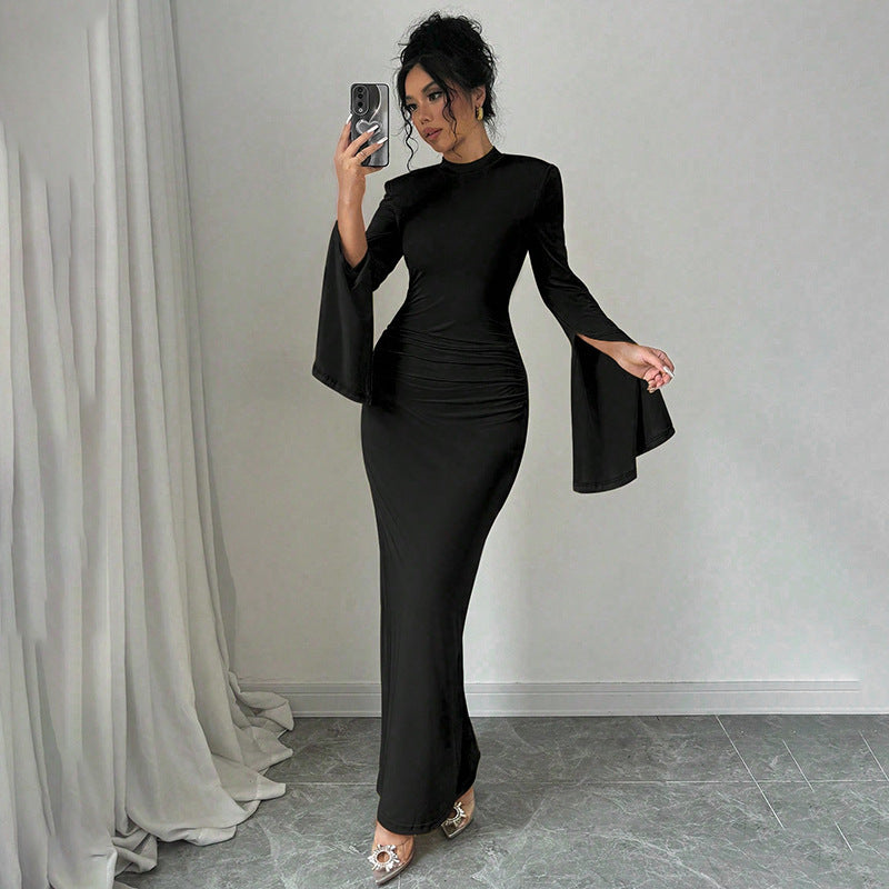 Women Clothing Sexy Slim Fit Solid Color round Neck Split Cuff Maxi Dress