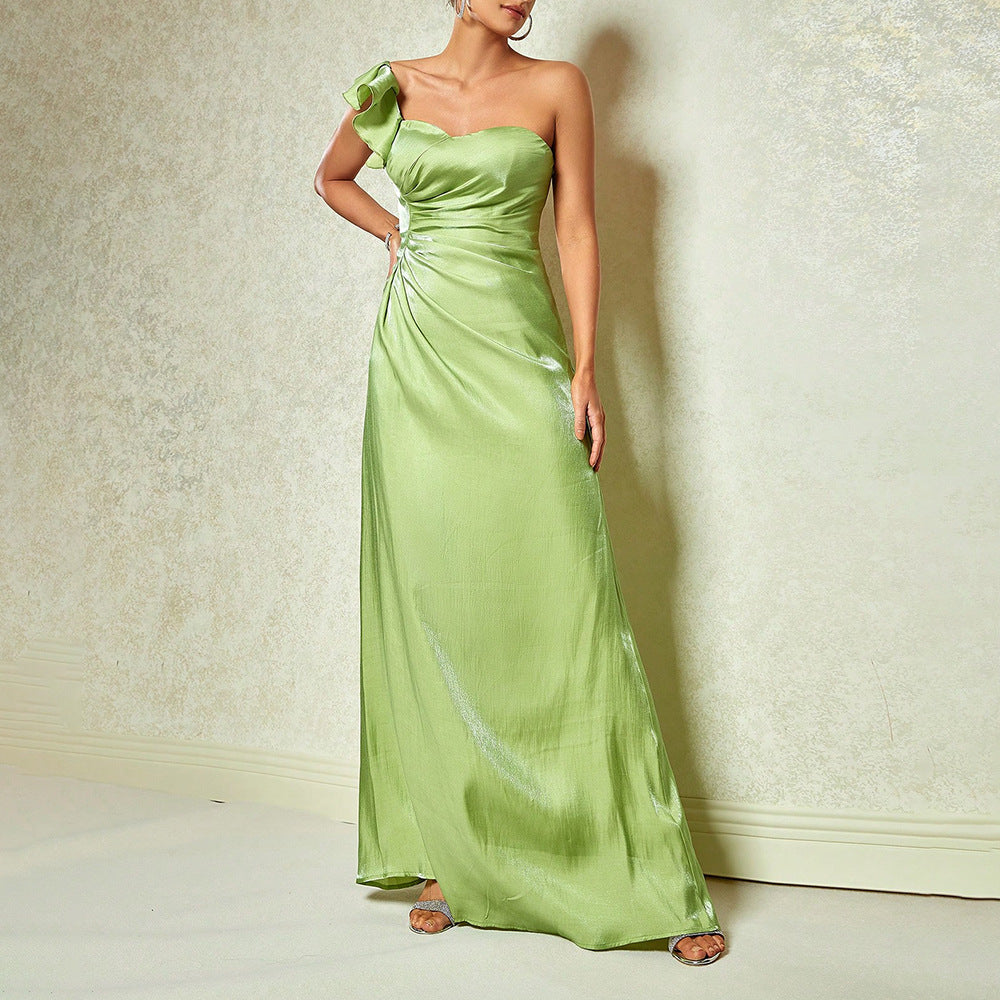 Summer Women Elegant Dress One Shoulder Pleated Backless Slit Formal Dress Lime Color