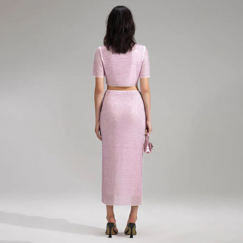 Summer Celebrity Two Piece Pink Diamond Embedded Short Sleeved Top Split Skirt Set Skirt Women