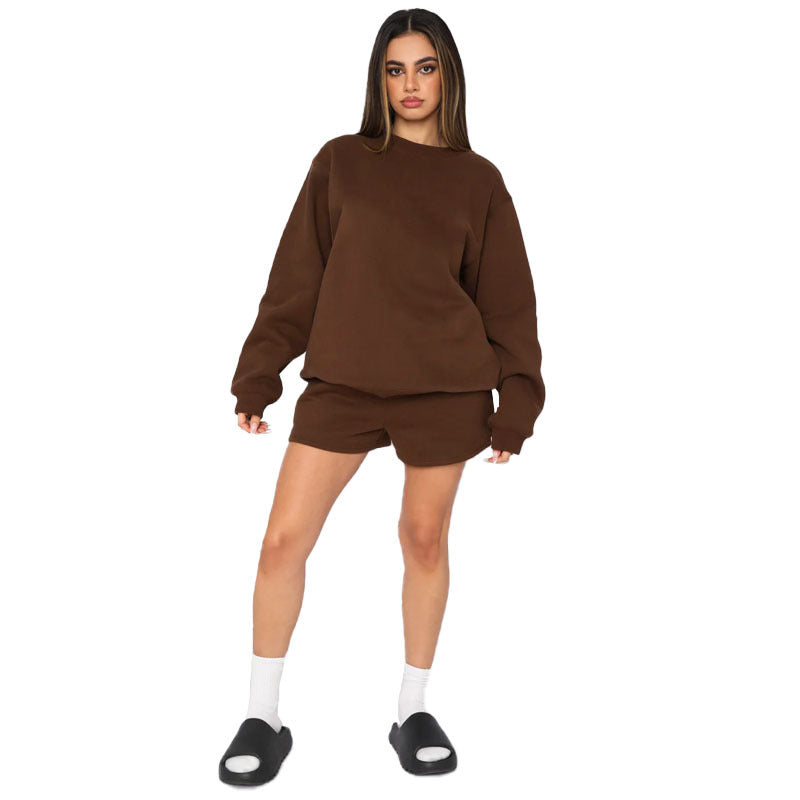 Cotton Autumn Winter Solid Color round Neck Pullover Long Sleeve Sweater Women Casual Shorts Set Coffee