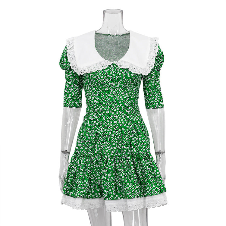 Summer Peter Pan Collar Short Sleeve Floral Dress Graceful Fashionable Tight Waist Petti dress Green