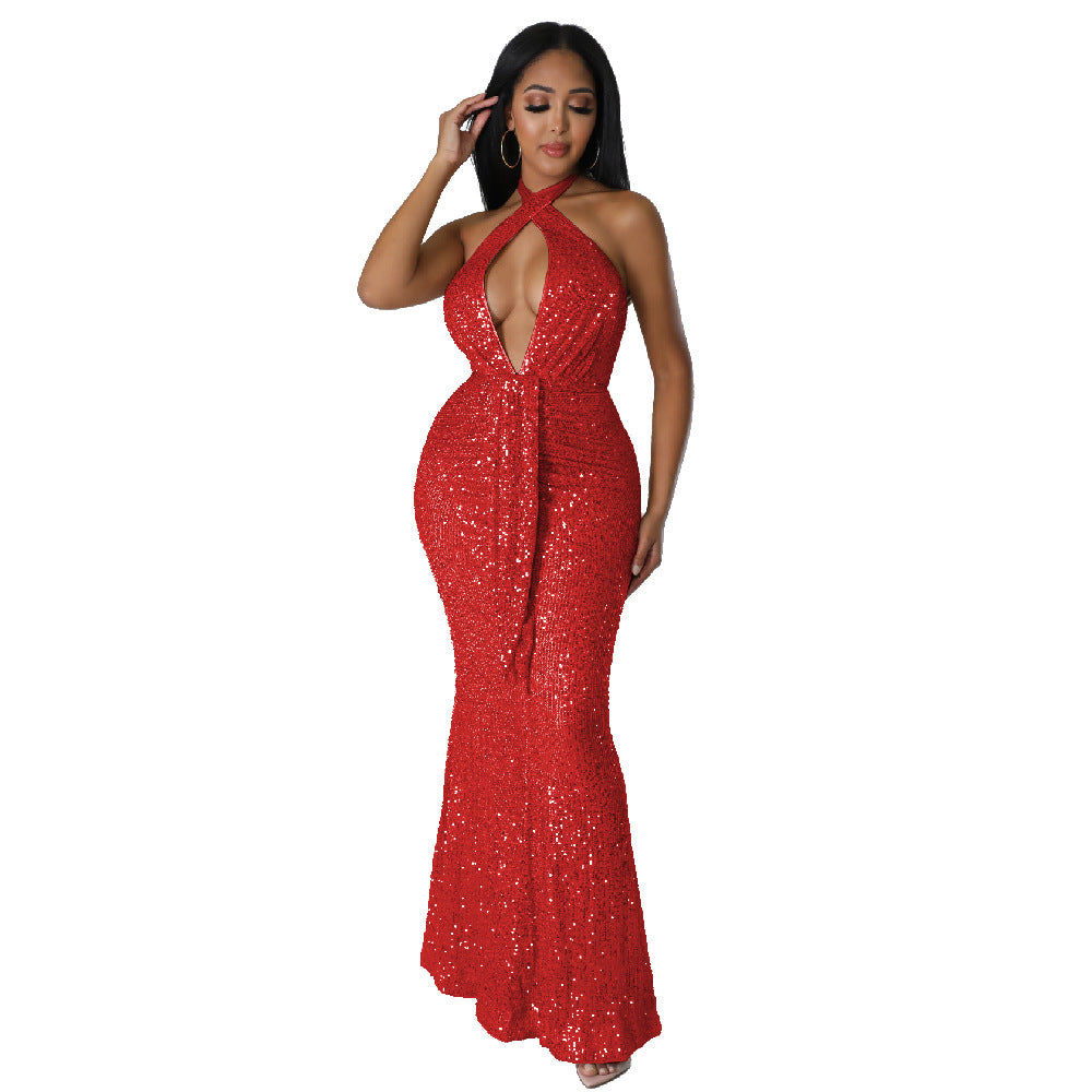 Dress Halter Cut out Ribbon Sequined Sexy Nightclub Dress Red