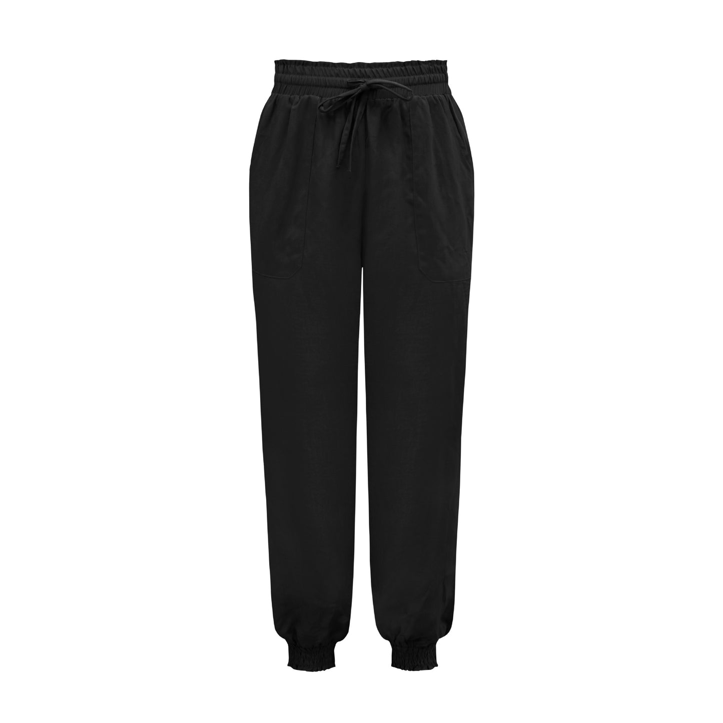 Spring Summer Women Clothing Solid Color Rayon Comfort Casual Trousers Drawstring Elastic Waist Harem Pants Black