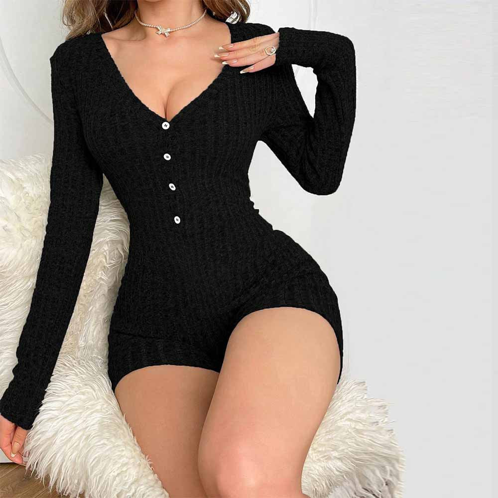 Women Clothing Sexy Home Jumpsuit Autumn Winter Comfort Casual Slim Three Point Jumpsuit Black