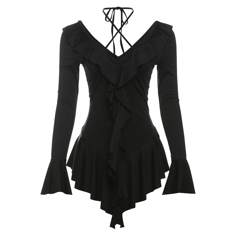 Autumn Winter Sexy Deep V Plunge Tied Slim Fit Short Solid Color Stringy Selvedge Long Sleeve Dress Black