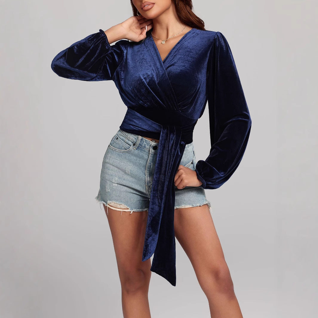 Autumn Winter Deep V Plunge Strap Pleuche Bottoming Shirt Top All Matching Outer Wear T shirt Blue