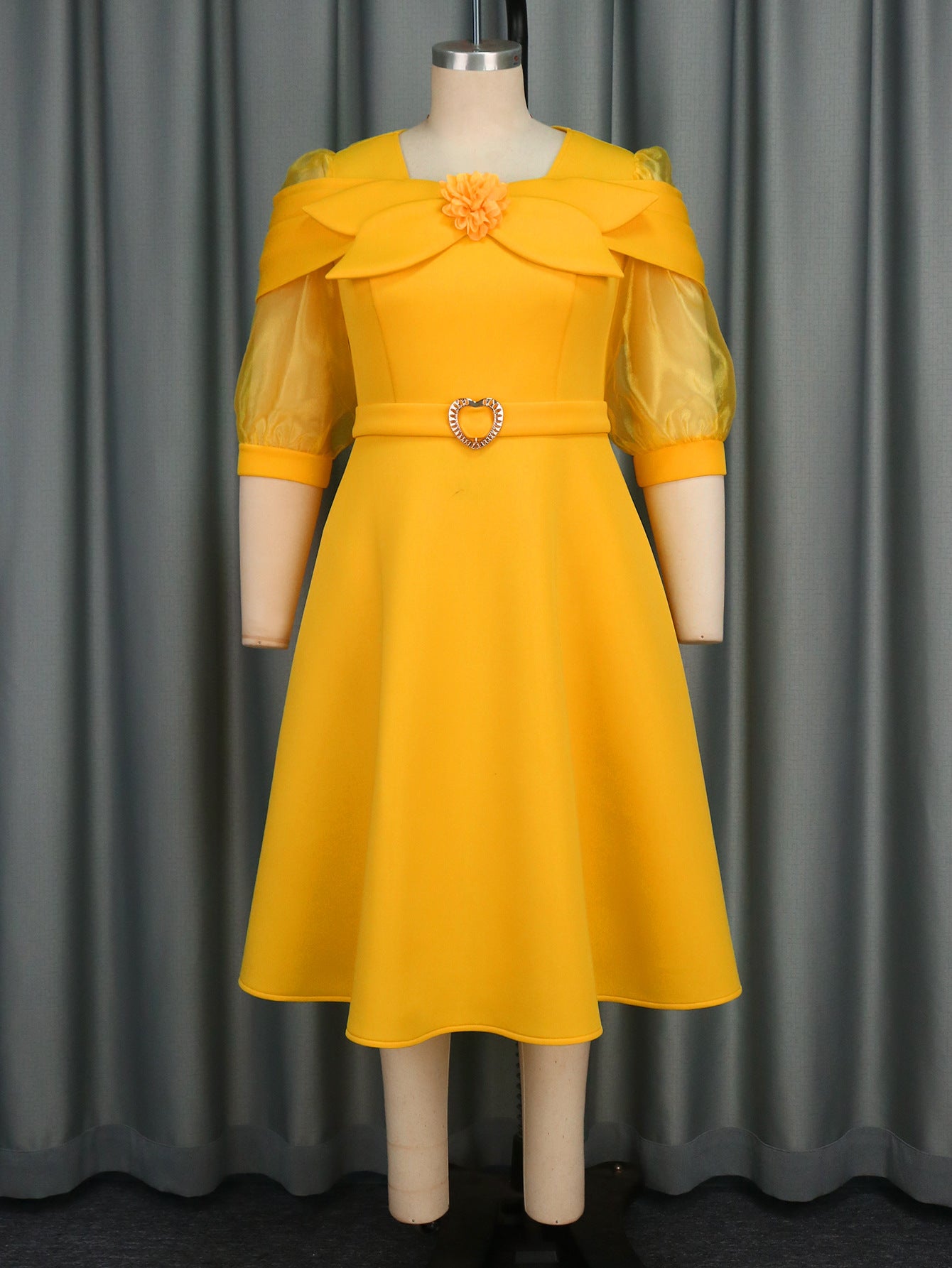 Bow See through Lantern Sleeve Dress Party Gathering Waist A line Dress Yellow