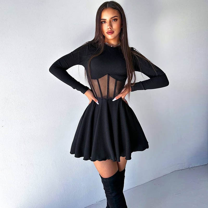 Fall Women Clothing Half High Collar Long Sleeves Mesh Patchwork See through Boning Corset Tight Waist Short Dress