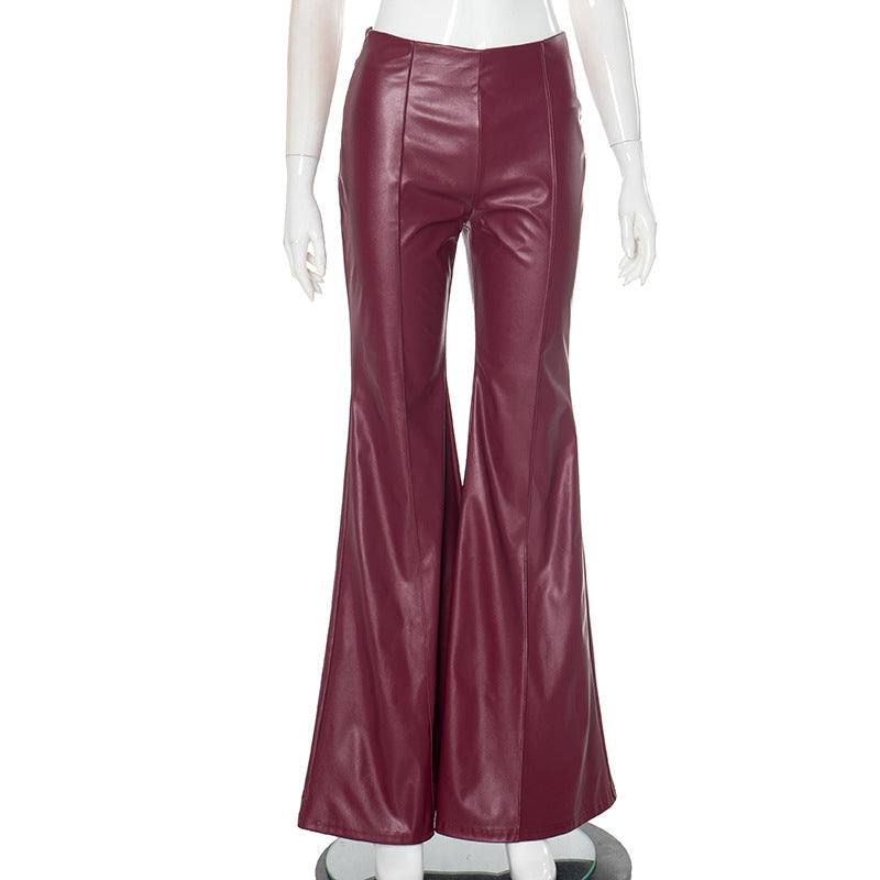 Women Clothing Autumn Leather Stitching Tight Flared Pants Burgundy