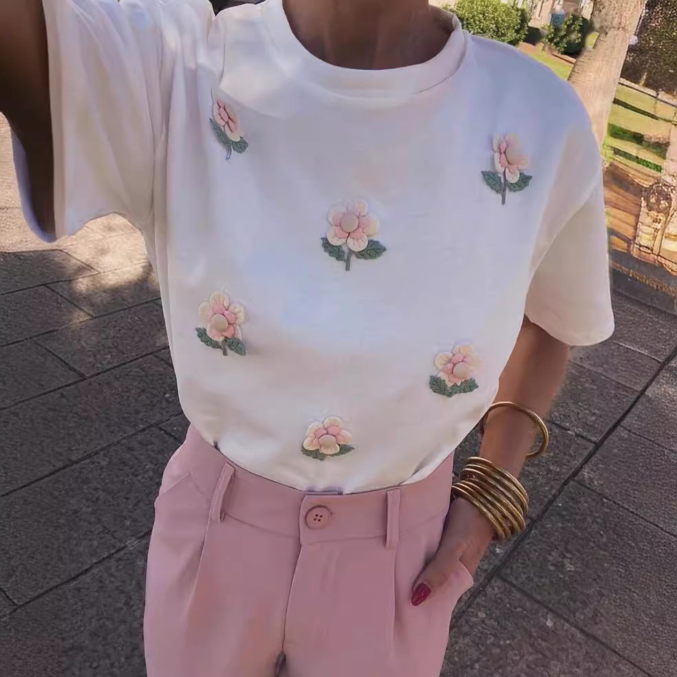 Three Dimensional Floral round Neck Women T shirt Spring Summer Shoulder Width Loose Design Niche Top Pink Floral