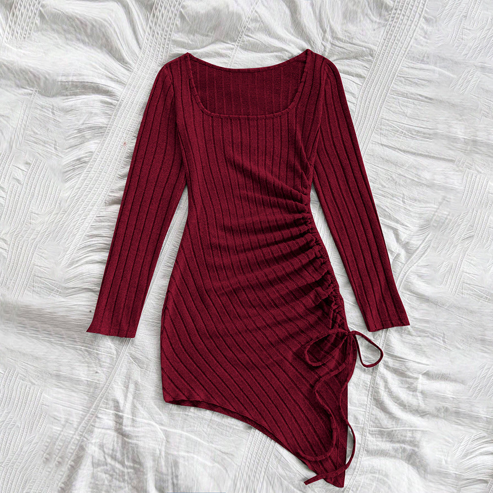 Women Clothing Simple Pure Dress Autumn Winter All Matching Sheath Wine Red Dress