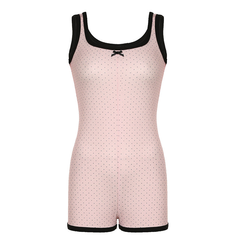 Summer Sexy Girl Polka Dot Jumpsuit Hemming Contrast Color Bow Stitching Sleeveless Vest Jumpsuit Shorts Pink