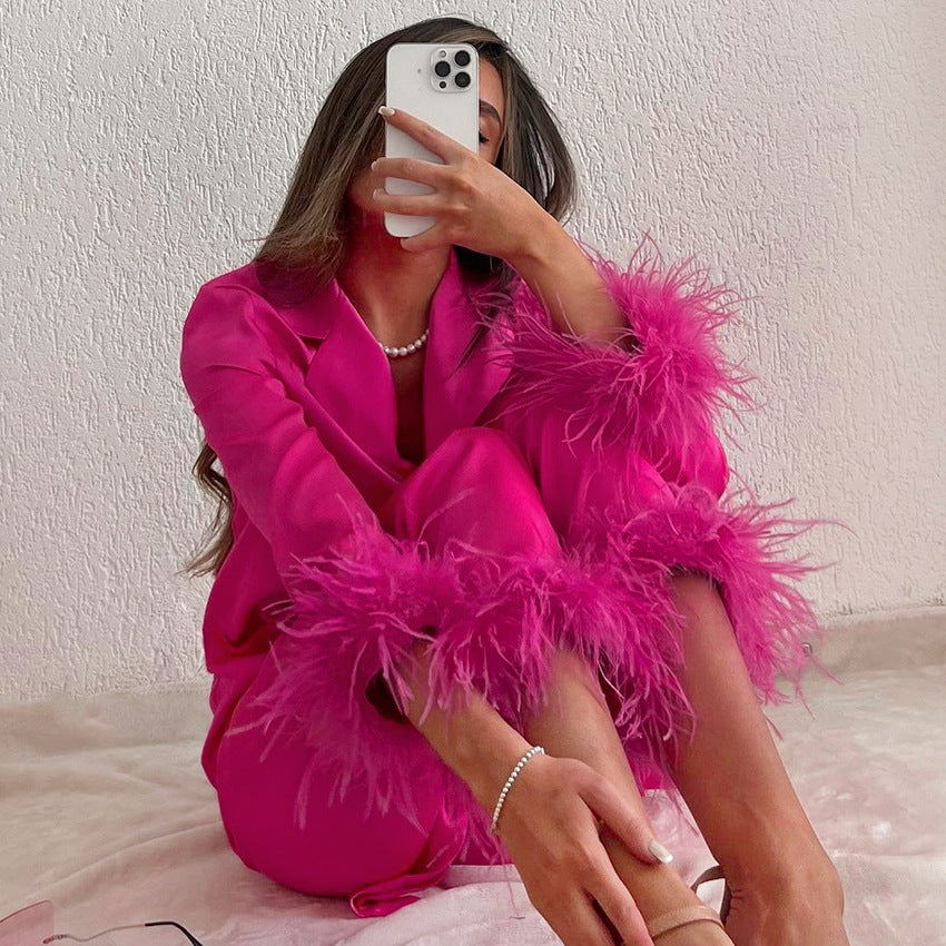 Autumn Winter Fashion Ostrich Feather Pajamas Set Artificial Silk Loose Ladies Homewear Rose Red