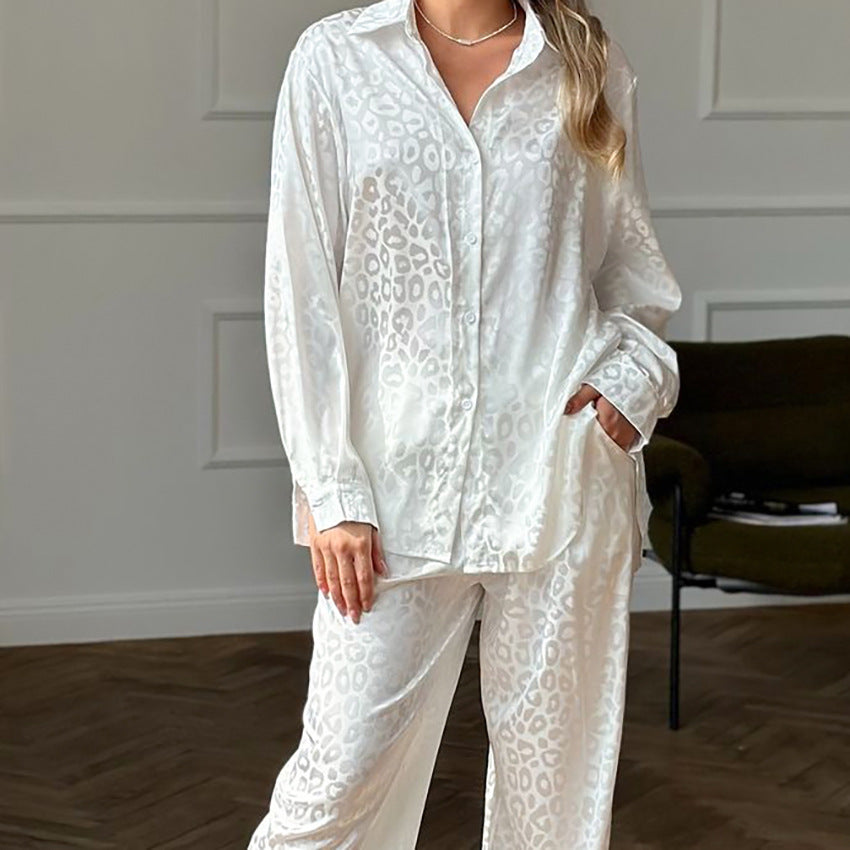 Leopard Print Satin French Long Sleeve Cardigan Shirt Trousers Loose Two Piece Set Pajamas Women White