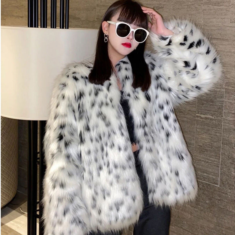 Women Leopard Print Fox Fur Fur Coat Mid-Length Spotted Plush Coat Thick Loose Windbreaker Tide Snow Leopard Pattern