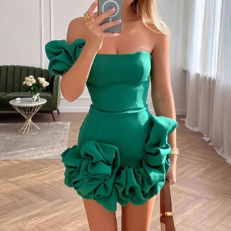 Summer Women Clothing Dress Ruffled Bud Tight Waist Dress One Shoulder Tube Top Hip Dress