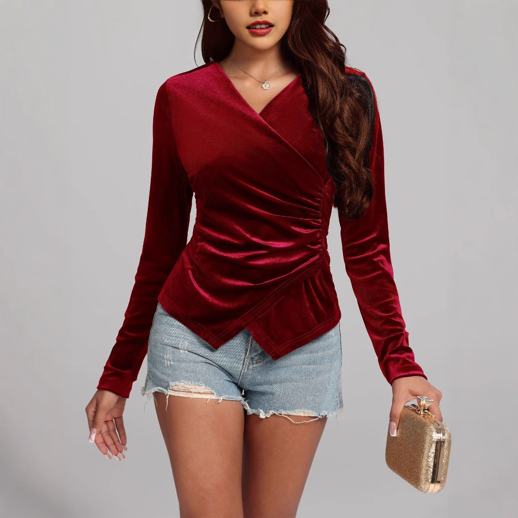 Long Sleeve Irregular Asymmetric Sexy Tops Retro Waist Controlled Cross V neck Women Wine Red