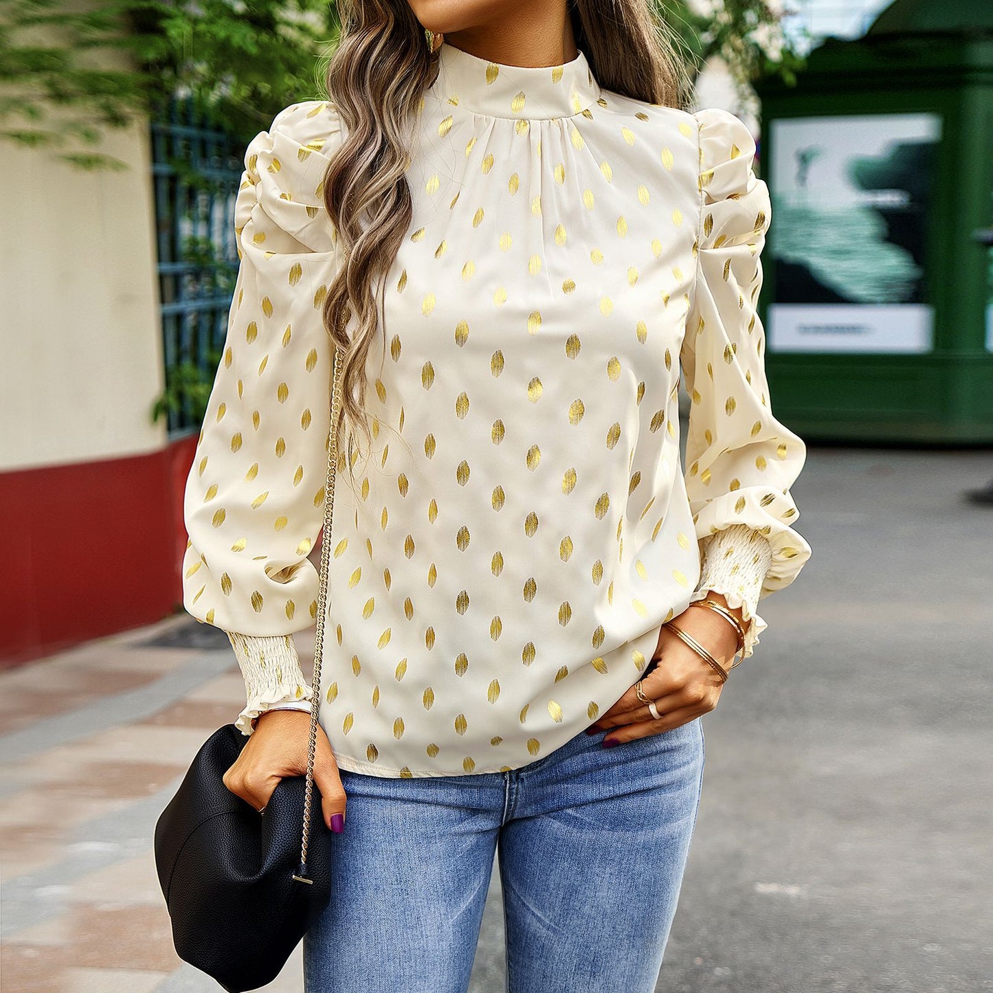 Women Clothing Autumn Winter Office round Neck Long Sleeve Shirt Apricot