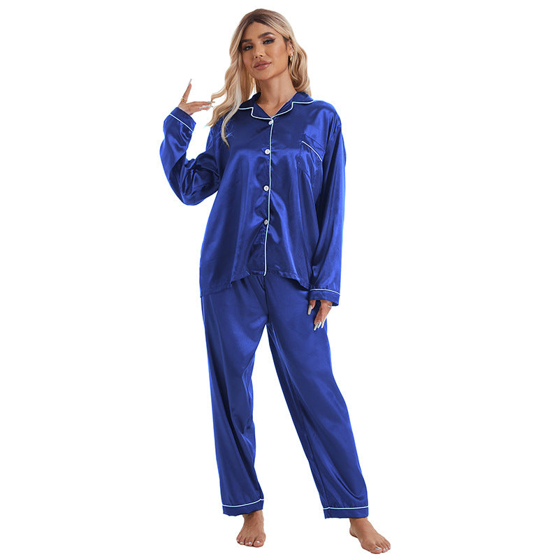 Home Wear Collared Ice Silk Pajamas Women Long Sleeved Trousers Two Piece Set Blue