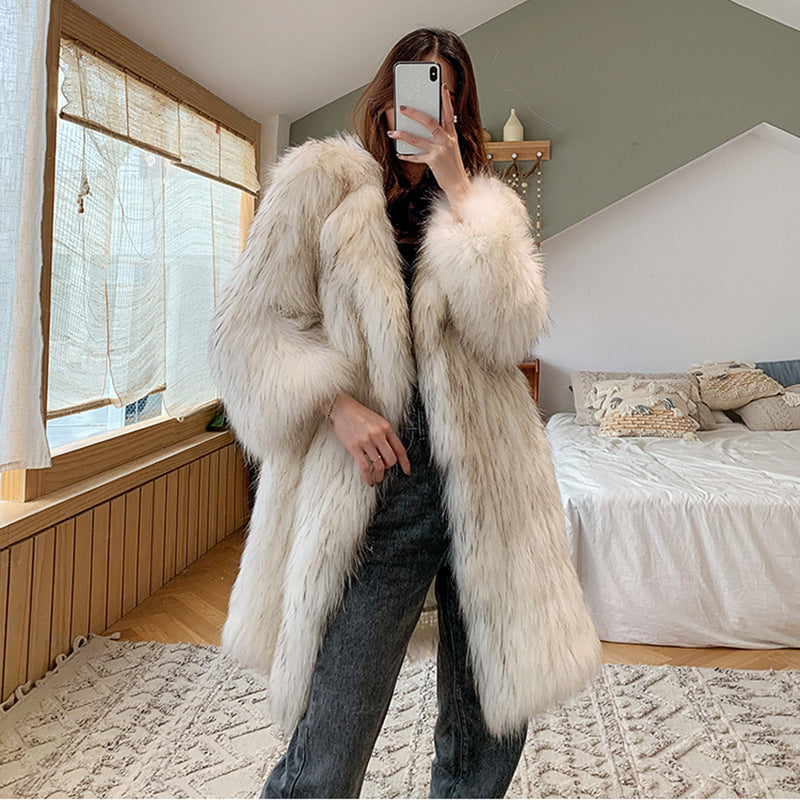 Women Raccoon Fur Coat Women Long Fox Fur Collar Fur Coat Loose Casual Trench Coat White