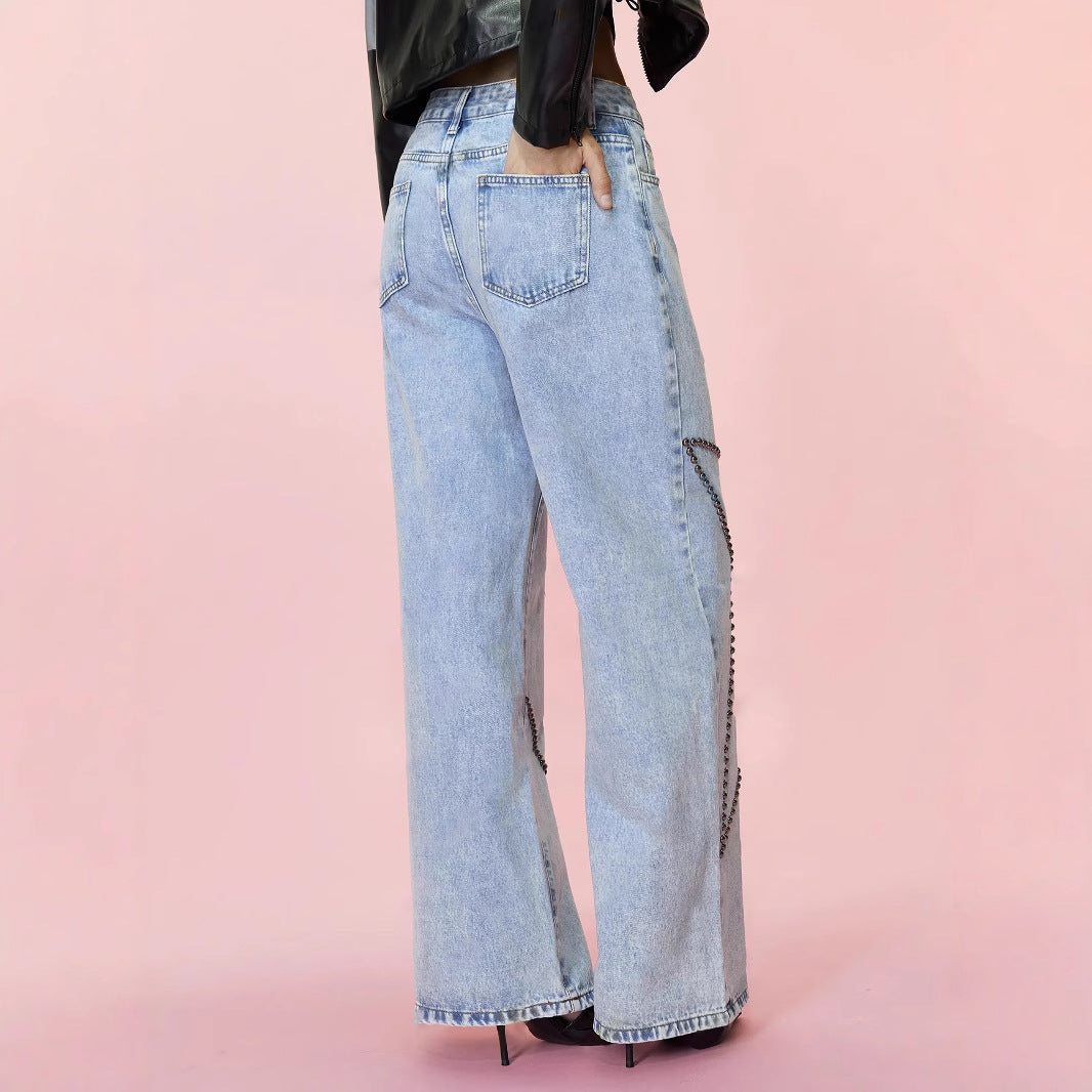 Women Clothing Loose Retro Beaded Jeans Trousers