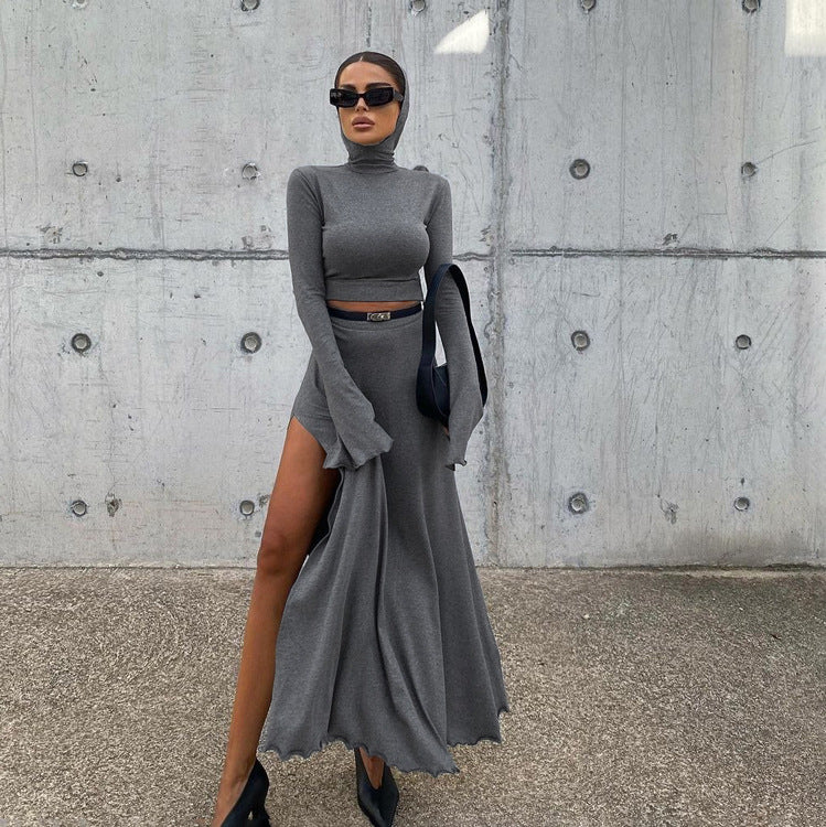 Women Clothing Short Hood Top High Waist Side Slit Unique Skirt Spring Autumn Two Piece Set Women