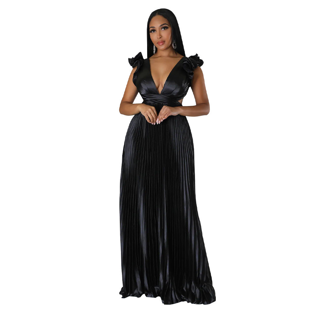 Women Clothing Artificial Silk Sexy Backless Deep V Plunge Pleated Dress Long Dress Black