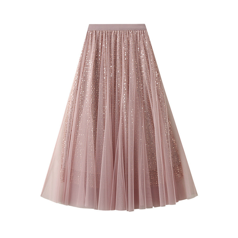 High Grade Sequin Gauze Skirt Women Draping Super Fairy Gauze Skirt Covering Large Swing A line Long Skirt One Size Pink