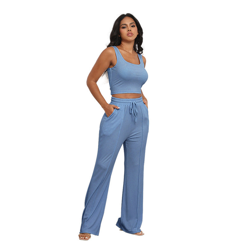 Summer Thread Knitted Sleeveless Cropped Top Women Two Piece High Waist Wide Leg Pants Suit Light Blue