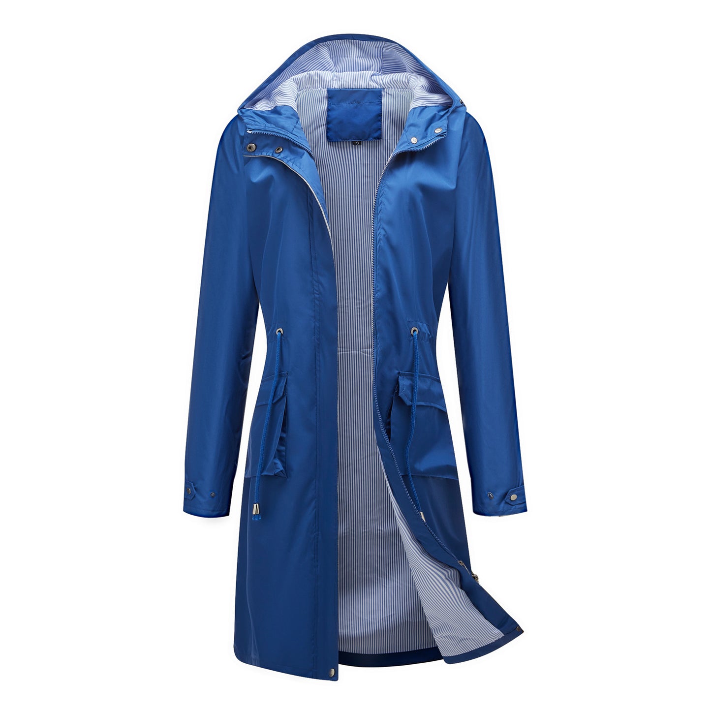 Spring Autumn Long Casual Trench Coat Women Waterproof Hooded Solid Color Top Striped Lining Straight Coat Navy Blue