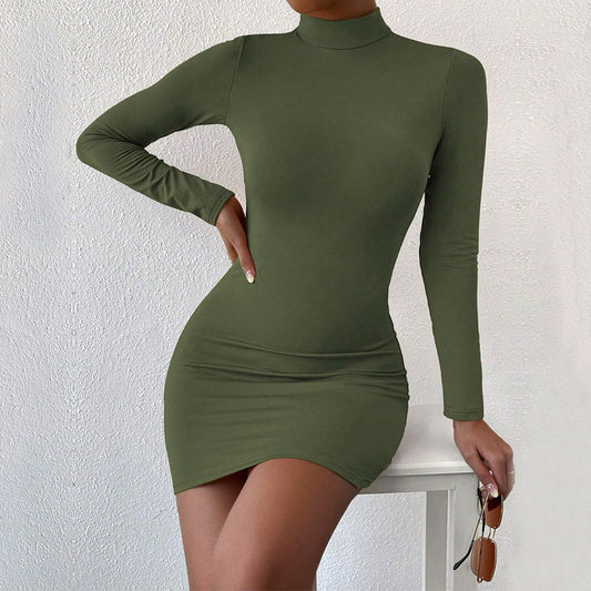 Women Clothing Elegant Lightly Mature Dress Autumn Winter Half High Collar High Waist Figure Flattering Sheath Dress