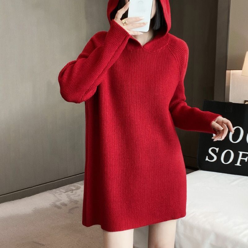 Hooded Sweater Women Coat Autumn Winter Loose Solid Color Casual Pullover Sweater Women One Size Red