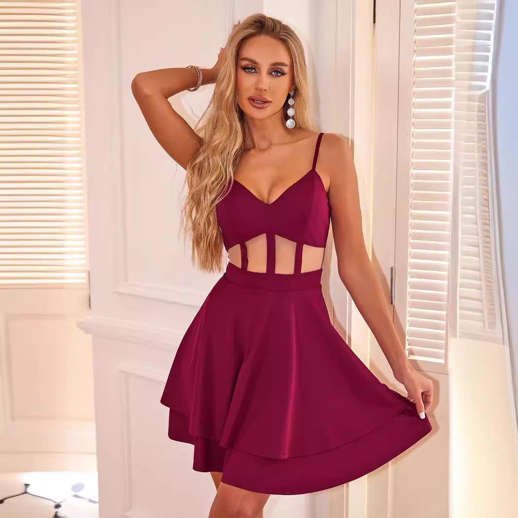 Women Wear Mesh See through Sexy Sling Dress Pleated