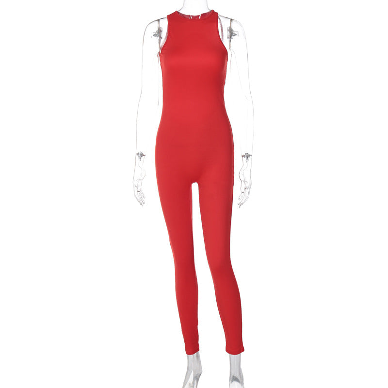 Spring Women Clothing Solid Color Sexy Backless Metal Buckle Sports Yoga Jumpsuit Red