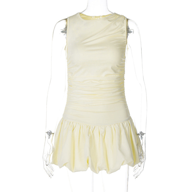 Best Seller in Women Clothing Summer Sexy round Neck Sleeveless Pleated Dress Women Pale Yellow