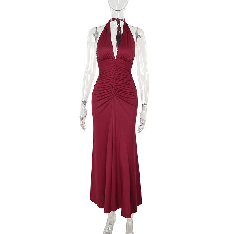 Autumn Elegant Slim Fit V neck Halter Pleated Slimming Foundation Dress Burgundy