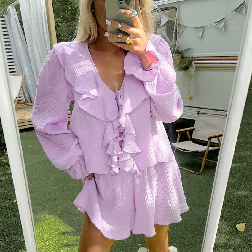 Autumn Pure Cotton Purple Pajamas Two Piece Sets Ruffled Long Sleeve Shorts Women Homewear Purple