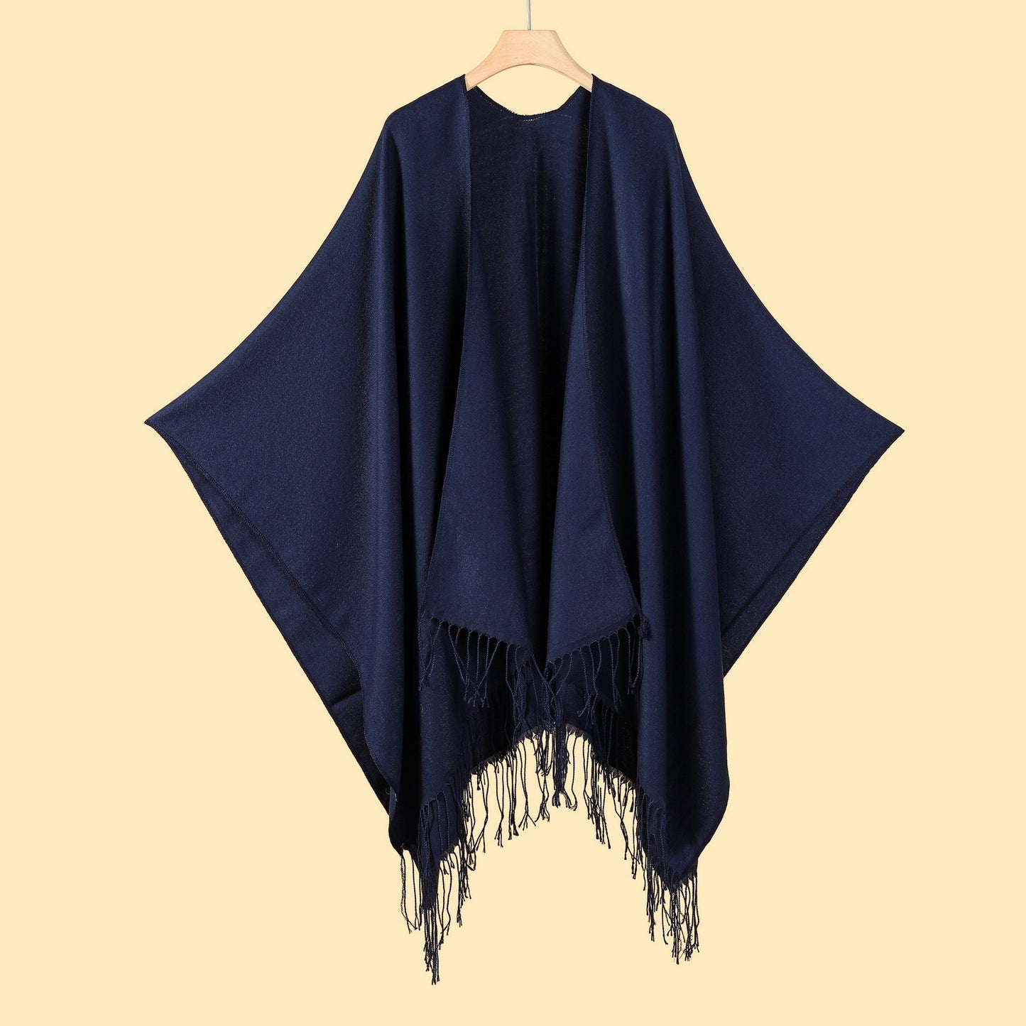 Street Ladies Large Scarf Autumn Winter All Match Air Conditioned Room Keeping Warm Dual Purpose Plain Tassel Shawl Cape One Size Navy Blue1