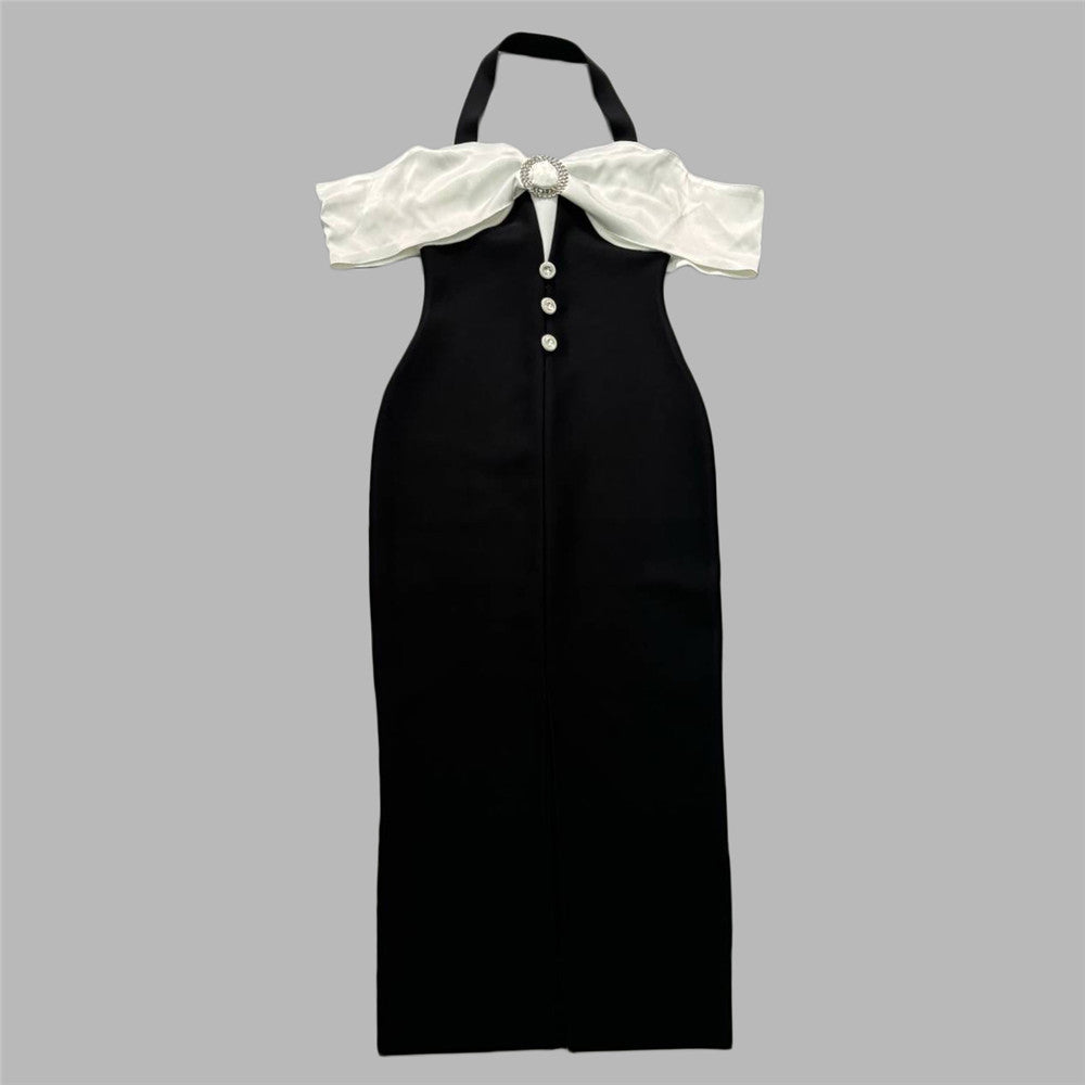 Black White Contrasting Color Slits Halter Dress Socialite Elegant Party Dress Bandage Dress Black and white