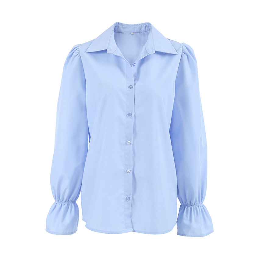 Autumn Winter Design Simple Classic All Matching Slim Fit Blue Collared Bell Sleeve Commuting Women Shirt