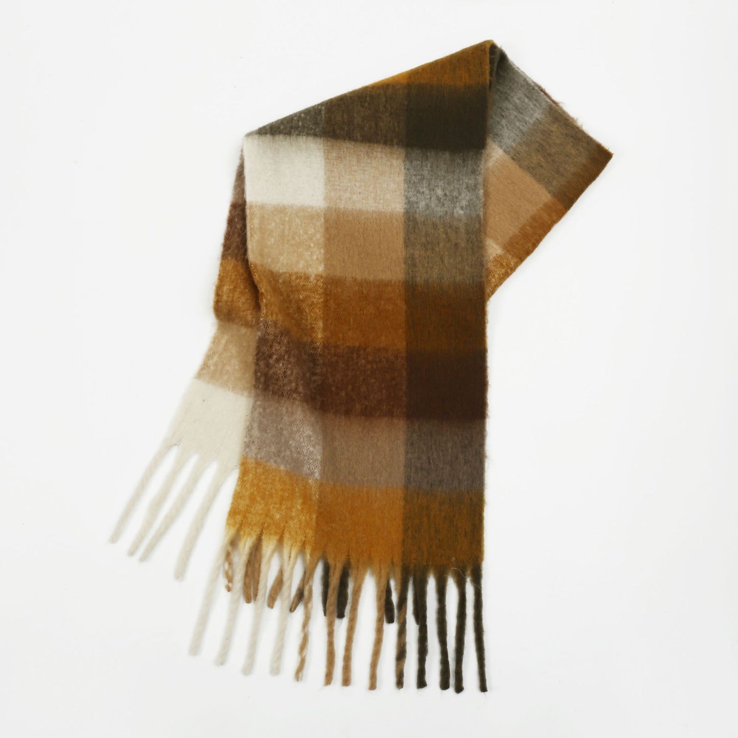 Women Color Matching Mohair Scarf Autumn Winter Warm Thickening Lattice Tassel One Size Brown Plaid