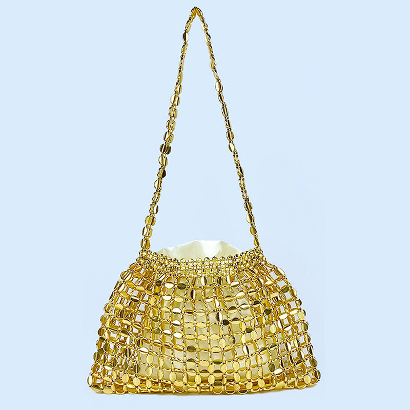 Popular Handmade Silver Gold Flat Beads Beaded Weave Large Dumpling Trendy One Shoulder Handbags One Size Yellow Gold