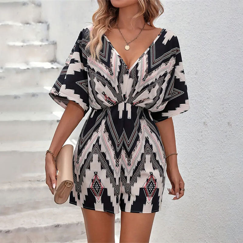 Women Clothing Printed V Neck One Piece Sleeve Loose Version Back Bandage Bow Jumpsuit Shorts Top Women