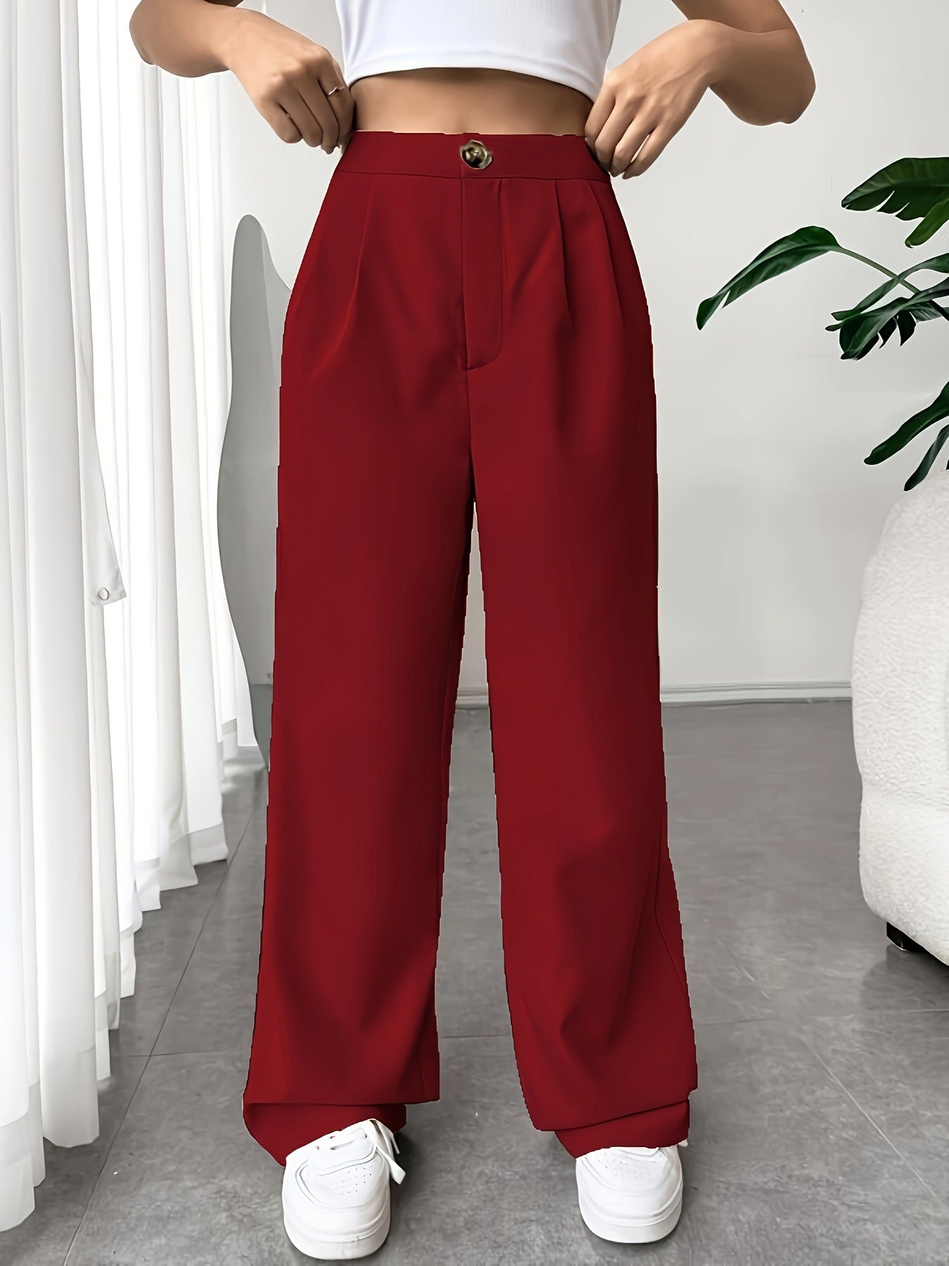 Autumn Winter tailored trousers Women High Waist Drooping Loose Straight Slimming Casual Mop Pants Burgundy