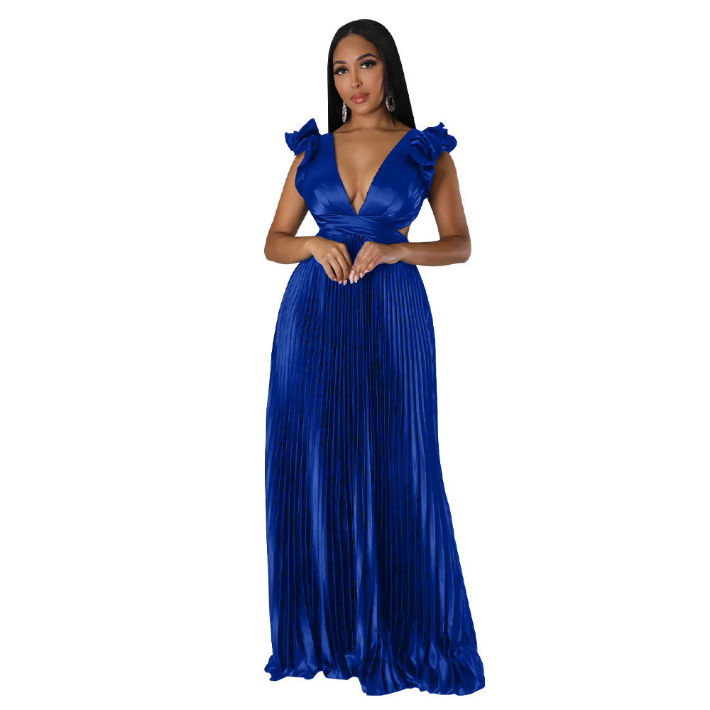 Women Clothing Artificial Silk Sexy Backless Deep V Plunge Pleated Dress Long Dress Dream Blue