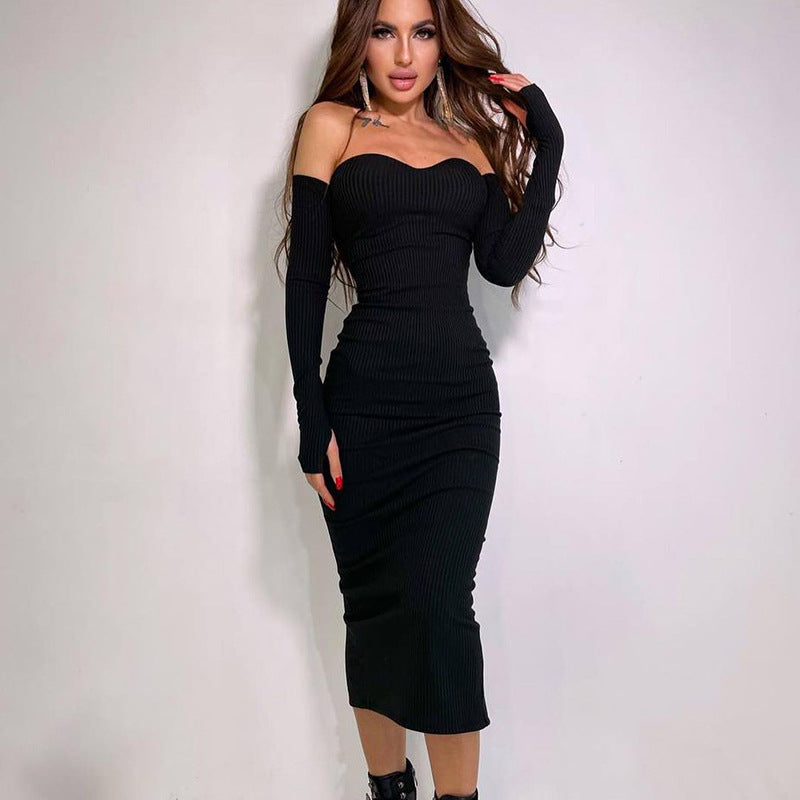 Fall Women Clothing Sexy Hip Knitwear Off Shoulder Long Sleeve Tube Top Dress