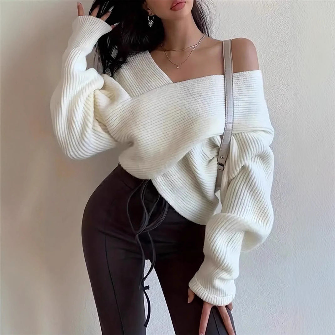 Autumn Winter Cross Irregular Asymmetric Design off Shoulder Loose Fitting Sweater